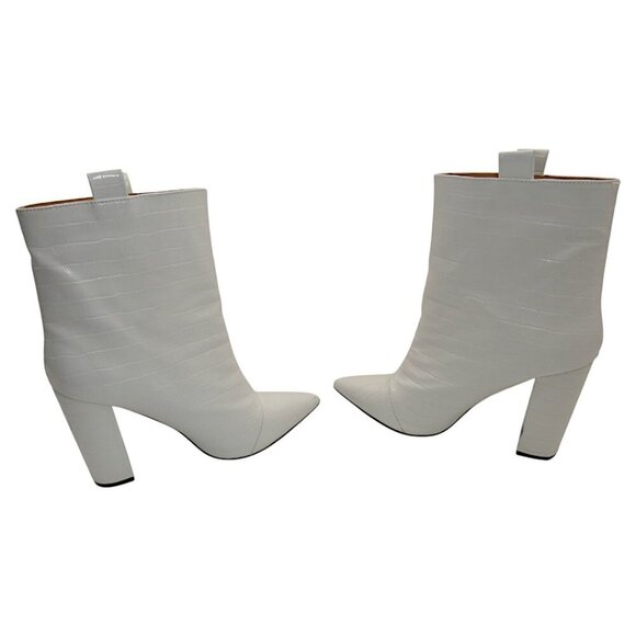 White Croc Embossed Ankle Boots Pointed Toe Block Heel Y2K Baddie Boss Babe - Picture 10 of 12